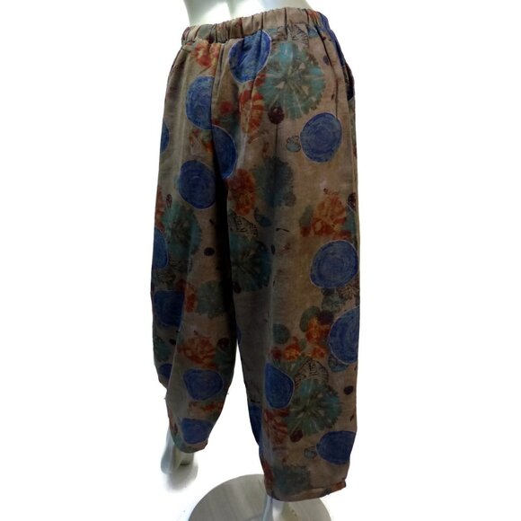 Private Tailor Pleated Cuff Cropped Pants Large Linen Blend Wide Leg Floral - Picture 3 of 7